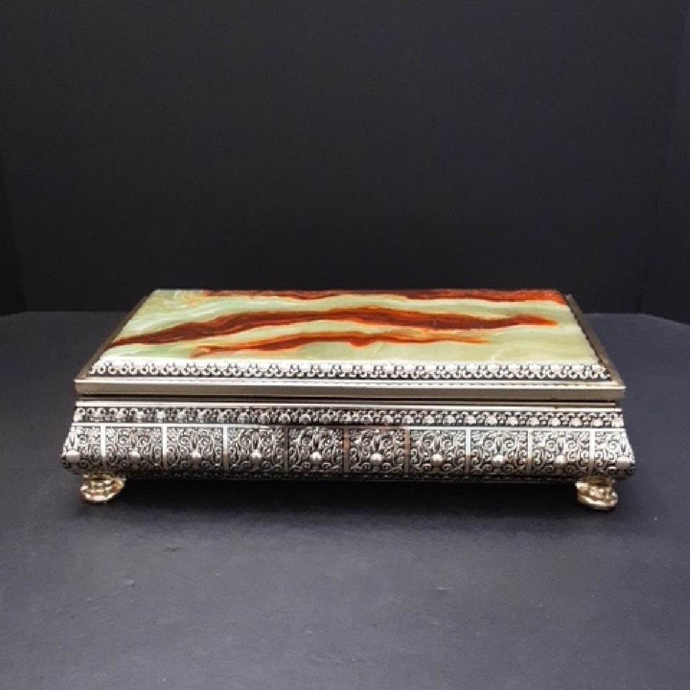 VGT,Blue Bird Green Faux Marble Footed  Silver Confectionery Tin.